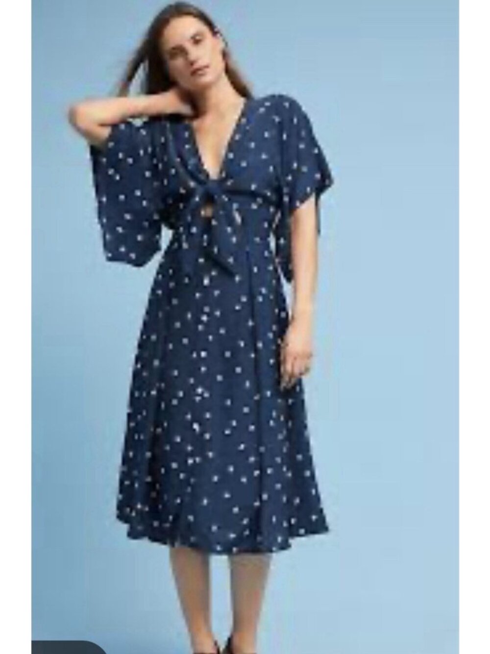 Faithfull the Brand Dress Size 8 Farrah Tie Front Navy Blue with White Dots 02
